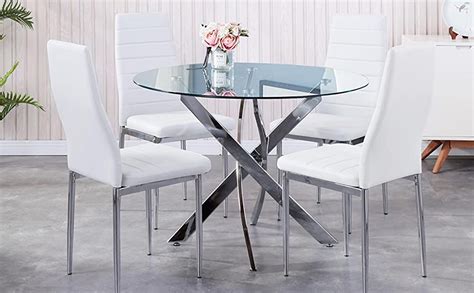 Goldfan Round Glass Dining Table And Chairs Set 4 Modern Chrome Kitchen Table And Faux Leather