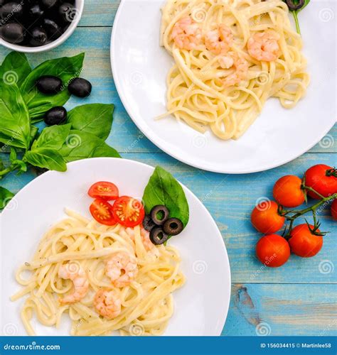 Italian Style King Prawn Alfredo Pasta Stock Image Image Of Copy