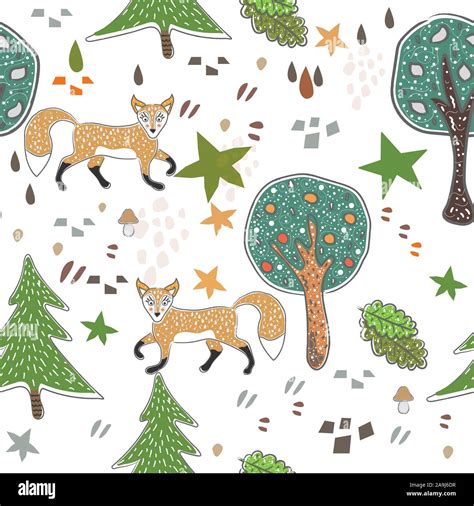 Seamless Fox Pattern With Cute Trees Stars Foxes And Abstract Shapes