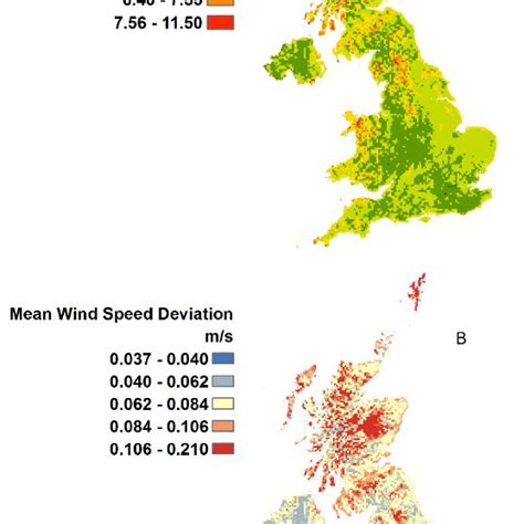 A) Map of the mean annual wind speed; B) Map of the uncertainty ...