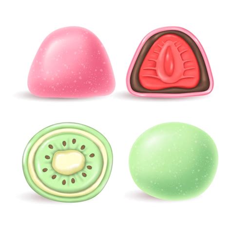 D Postre Japon S Realista Daifuku Mochi Verde Y Rosa Con Kiwi Y Fresas