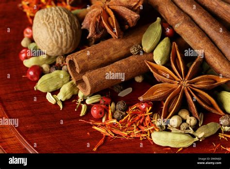 Various Spices Nutmeg Cinnamon Star Anise Saffron Pepper Cardamom