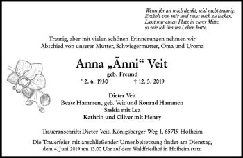 Traueranzeigen Von Anna Veit Vrm Trauer De