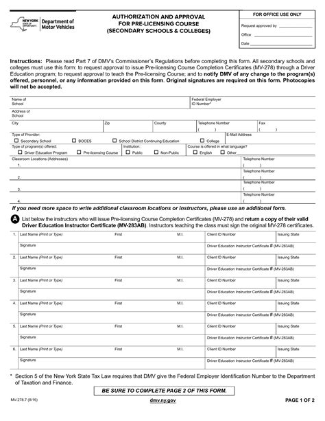 NYS DMV Form MV 278 7 Authorization And Approval For Pre Licensing