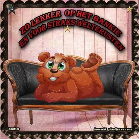 A Cartoon Bear Laying On Top Of A Couch With The Caption Leker Op