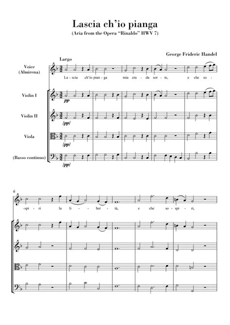 Lascia Ch Io Pianga For Voice And String Quartet Original Version Arr Ahiva Editions Sheet