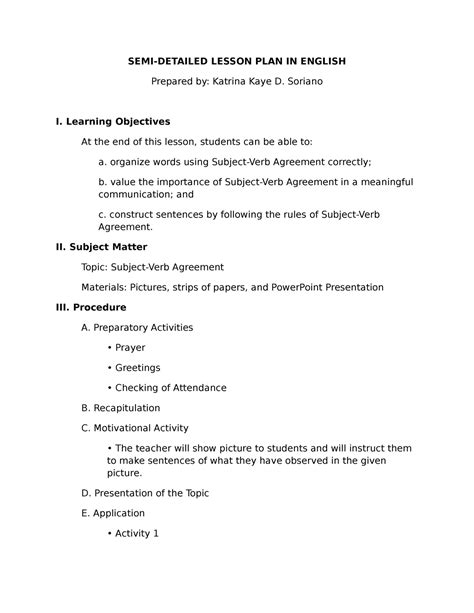 Subject Verb Agreement Semi Detailed Lesson Plan Semi Detailed Lesson Plan In English Prepared