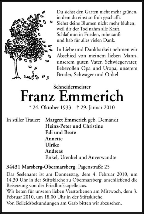 Traueranzeigen Von Franz Emmerich Trauer In Nrw De