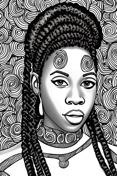 Realistic African Woman With Braids Coloring Page Black And White