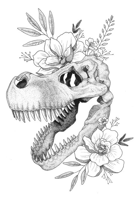 Floral Dinosaur Skull Drawing Print Etsy