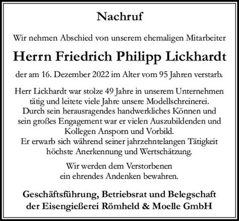 Traueranzeigen Von Friedrich Philipp Lickhardt Vrm Trauer De