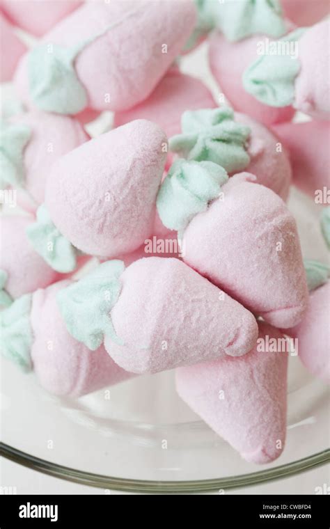 Close Up Of Delicious Strawberry Shape Marshmallow Candy Stock Photo