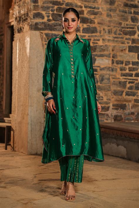 Buy Green Pure Banarasi Spun Silk Woven And Resham Kurta Palazzo Set