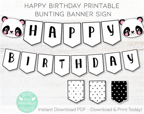 Panda Happy Birthday Banner Panda Banner Printable Panda Etsy