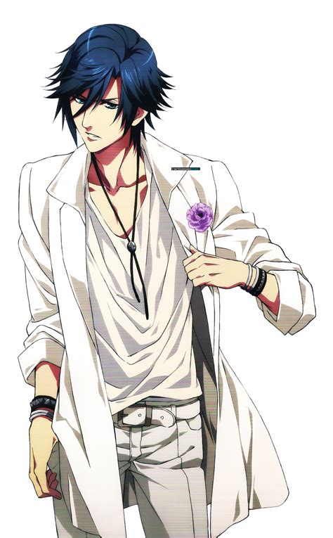 An Anime Character With Blue Hair And White Shirt Holding A Purple Flower In His Hand