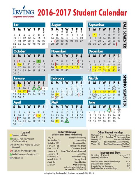 2016 - 2017 Student Calendar | Irving Independent School District ...