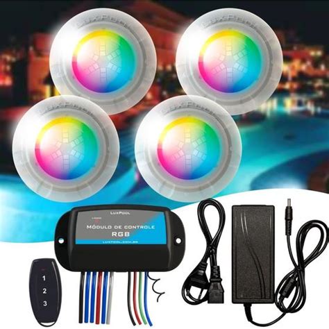 Kit Led Colorido RGB para Piscina 4 Refletores 9W e Módulo de Comando e