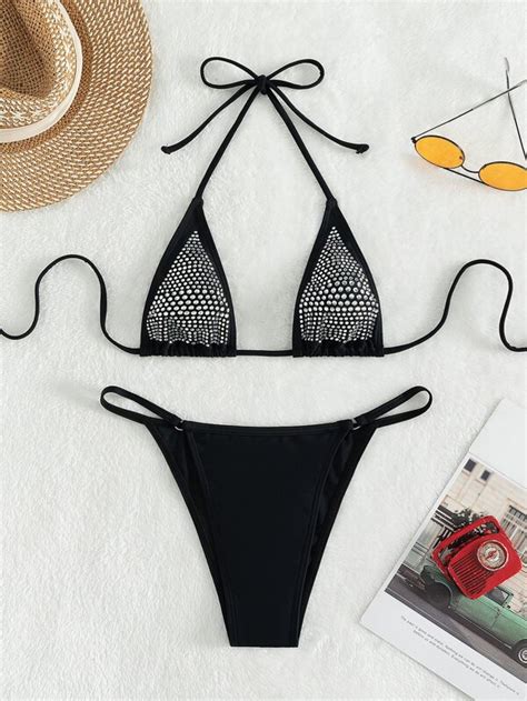 Rhinestone Studded Halter Micro Triangle Bikini Swimsuit SHEIN USA