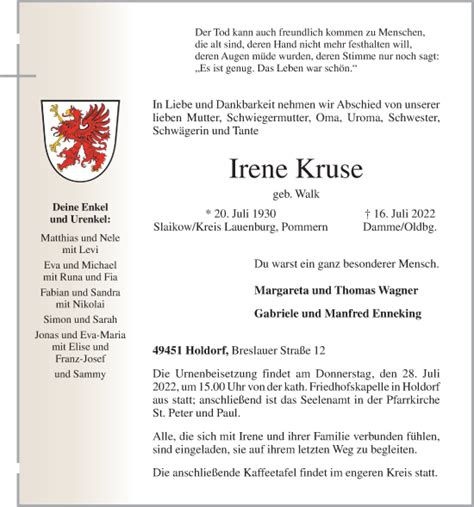 Traueranzeigen Von Irene Kruse Om Trauer De