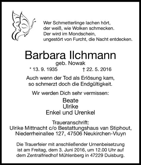 Traueranzeigen Von Barbara Ilchmann Trauer In Nrw De