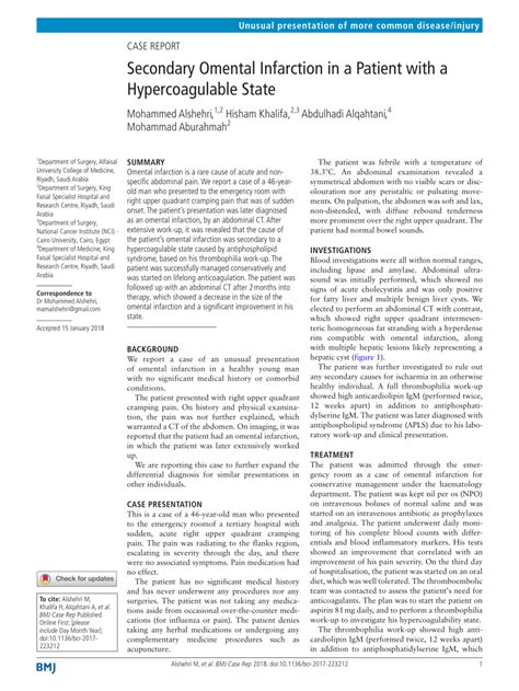 Pdf Secondary Omental Infarction In A Patient With A Hypercoagulable