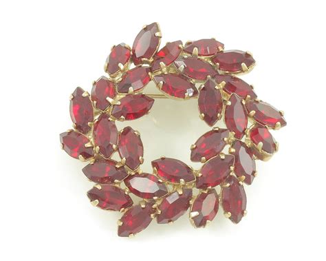 Vintage Ruby Red Rhinestone Brooch Dangle Earrings Vintage Red