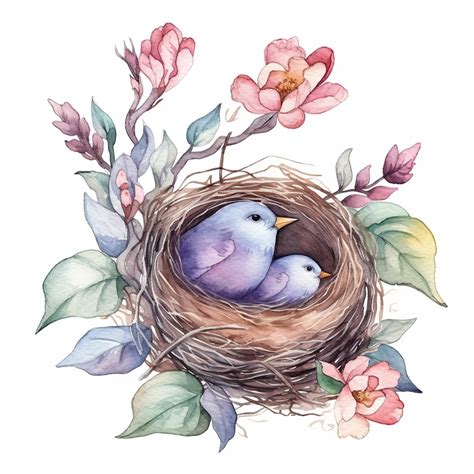 Handprinted Watercolor Bird Nests Clipart Flowers And Leaves Eggs