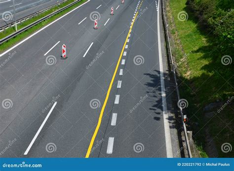 Horizontal Road Marking Lanes Highway Concrete Barriers On The Road