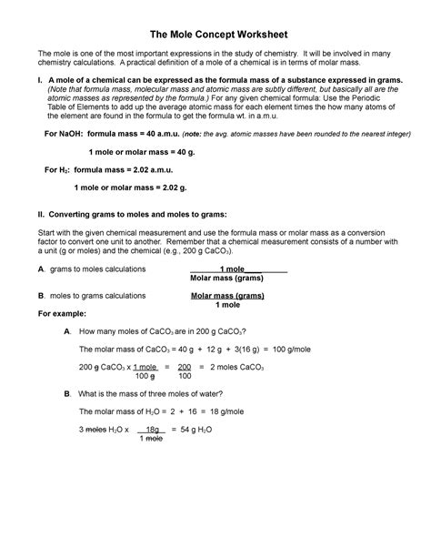 Chemistry - The Mole Concept Worksheet Practice - The Mole Concept ...