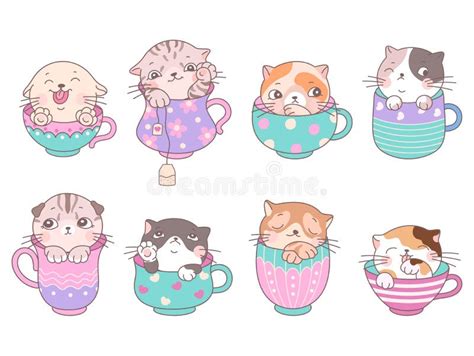 Cute Cats In Cup Kitten Coffee Cups Cartoon Isolated Kitty In Tea Mug Stock Vector