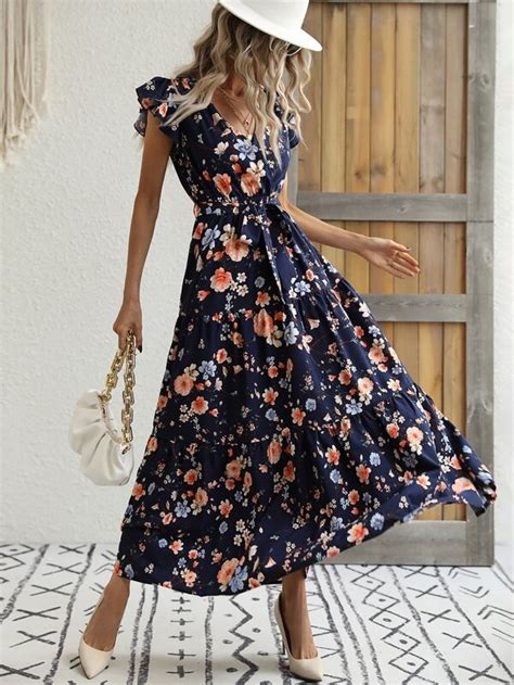 Shein Vcay Robe Ceintur E Imprim Floral Manches Papillon Volants