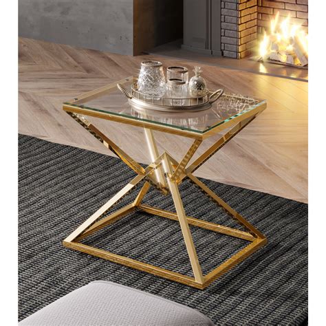 Table d appoint design en acier inoxydable poli doré et plateau en