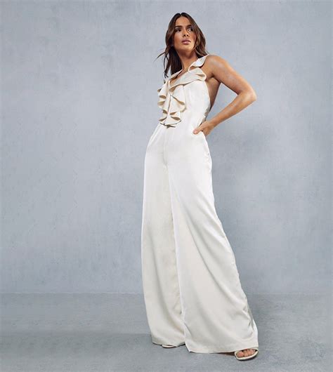 Buy Misspap Premium Satin Frill Wide Leg Jumpsuit In White Thstreet