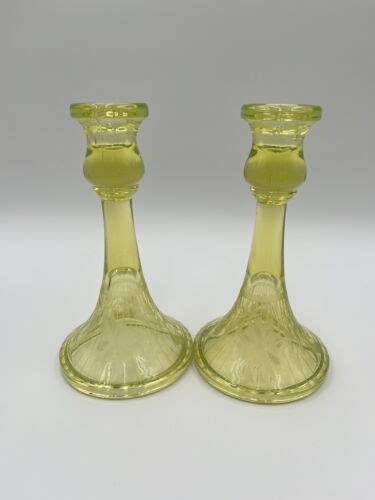 Vtg Pair Of Etched Floral Vaseline Uranium Glass Candlestick Holders Glows 4682378889