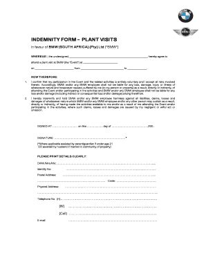 Fillable Online Bmwplant Co Indemnity Form Plant Visits In Favour Of