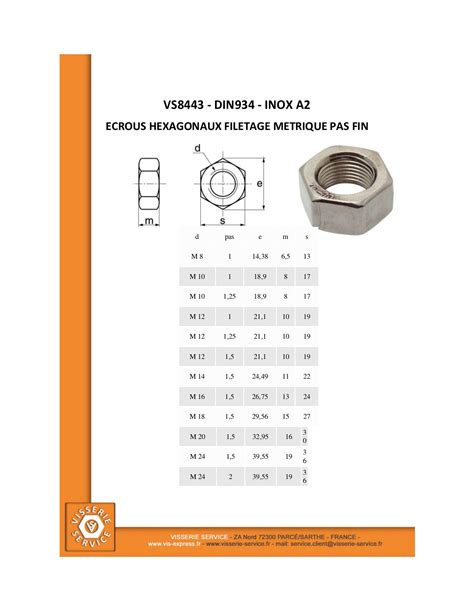 Ecrou Hexagonal Hu M Pas Fin Pas De Inox A