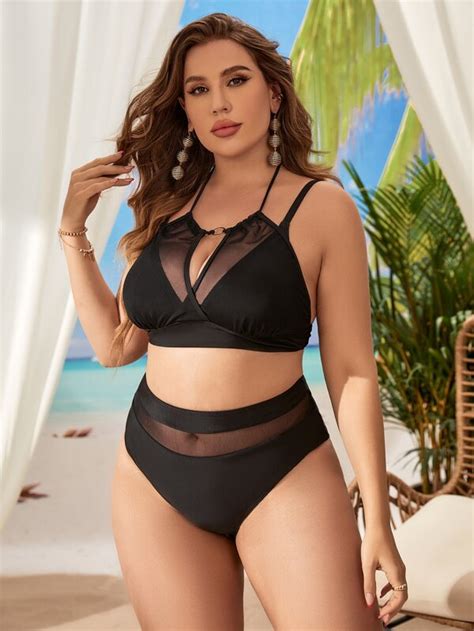 Plus Contrast Mesh High Waist Bikini Swimsuit SHEIN USA