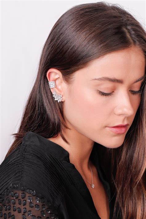 Brinco Ear Cuff Gotas Baguetes E Zirc Nias Brancas Prata Vivi Scramin