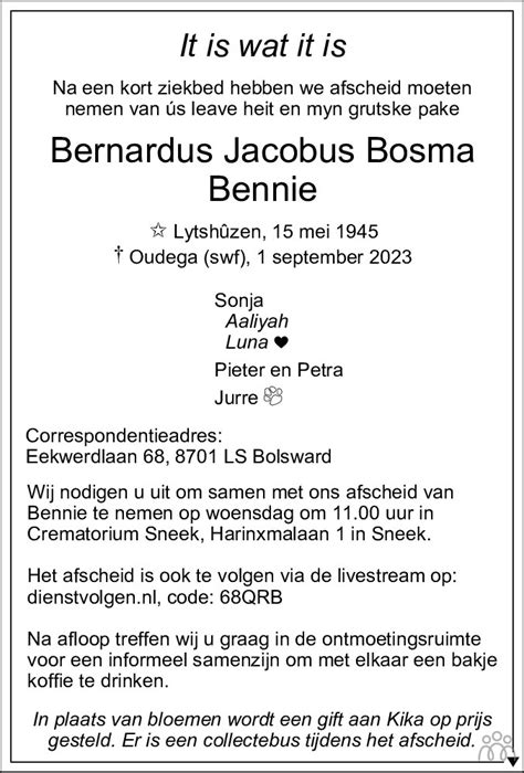 Bernardus Jacobus Bennie Bosma Overlijdensbericht En