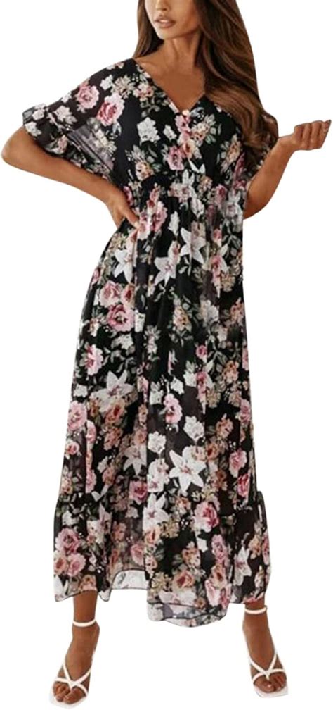 Women Casual Summer Dress Floral Printed V Neck Dress Short Sleeve Long