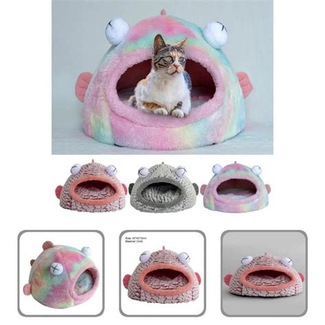 A Cat Is Sitting In A Pink And Blue Pet Bed With Four Different Views Of It