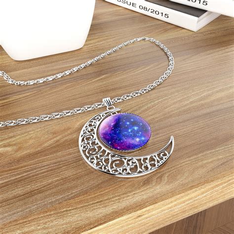 Luvalti Galaxy And Crescent Cosmic Moon Pendant Necklace Purple Glass