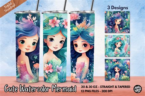 Cute Watercolor Mermaid Tumbler Wrap Graphic By Katatype · Creative Fabrica