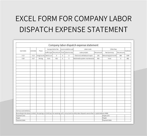 Excel Form For Company Labor Dispatch Expense Statement Excel Template