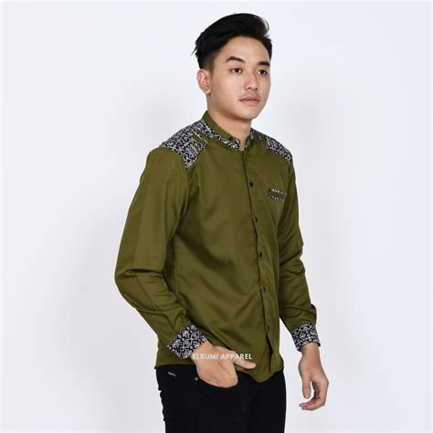 Jual Baju Koko Pria Lengan Panjang Warna Hijau Army Kombinasi Batik