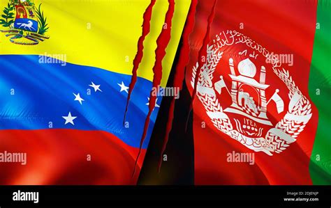 Venezuela And Afghanistan Flags With Scar Concept Waving Flag 3D