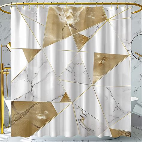 Gold And White Geometric Marble Print Shower Curtain With Golden