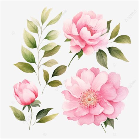 Conjunto De Acuarela De Flores Rosadas Con Hojas Verdes Png Acuarela