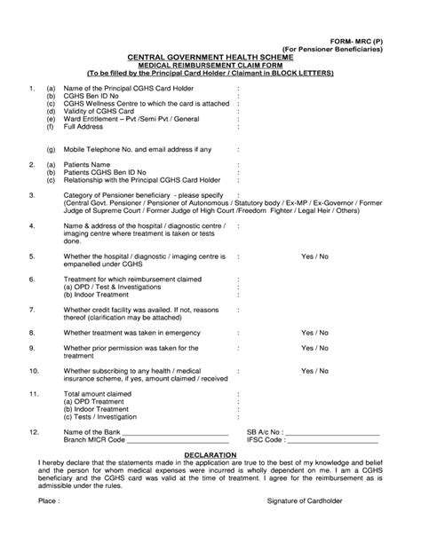 Revision Of Medical Reimbursement Claim Form For CGHS Fill And