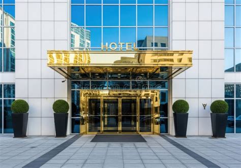 Elegant Hotel Entrance Featuring a Polished Gold Canopy Over Revolving ...